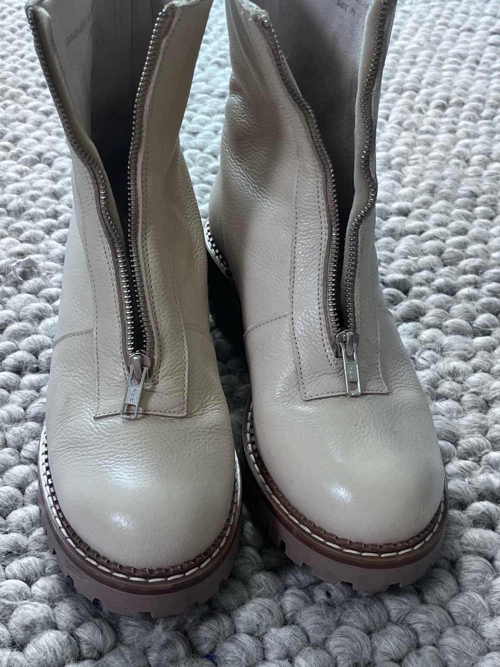 Front-Zip Cream Leather Ankle Booties with Lug Sole
